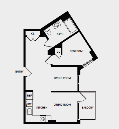 Floor plan for 3 beds, 1 bath, 588 sqft